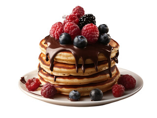 pancakes with berries and chocolate isolated on transparent background