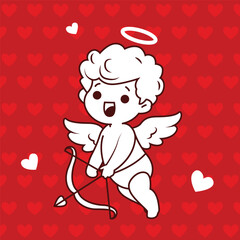 red background romantic baby boy angel with heart contemporary pop art icon vector flat illustration. Cupid cute heaven winged cartoon character love amour Valentine's 