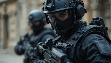 Elite police group in tactical gear, performing a critical special operations task. Military Police