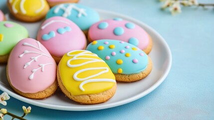 Obraz premium Homemade Easter egg shaped cookies with colorful icing on white plate