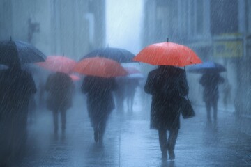 People walking with umbrellas in the rain during a foggy day in the city center © BlackLion