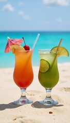 Obraz premium Two tropical-style cocktails adorned with fruit garnishes rest on a sandy beach by the vibrant blue sea