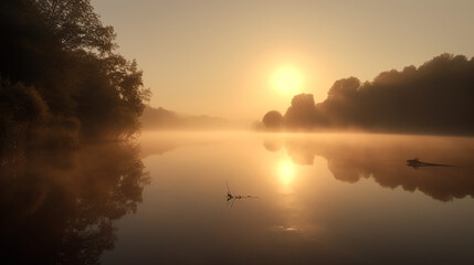 Obraz premium Serene Sunrise over Misty Lake Golden Hour Peaceful Nature Landscape Photography Fog Sky Calm Dawn 