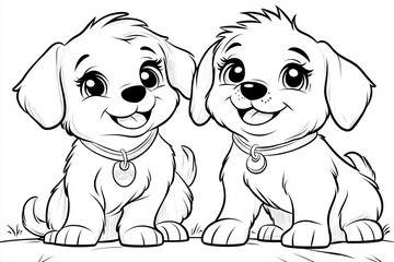 Two cute puppies wearing collars are sitting and smiling, celebrating national puppy day and waiting for a loving home coloring page