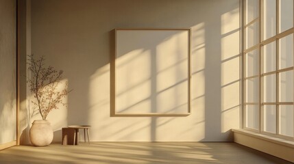 Fototapeta premium Minimalist room with art inspired design, featuring a blank canvas and natural light