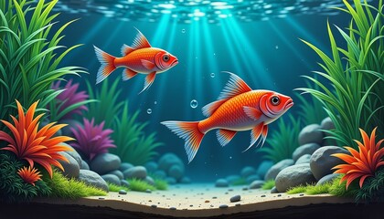 Colorful goldfish swimming in lush aquarium plants, aquatic harmony