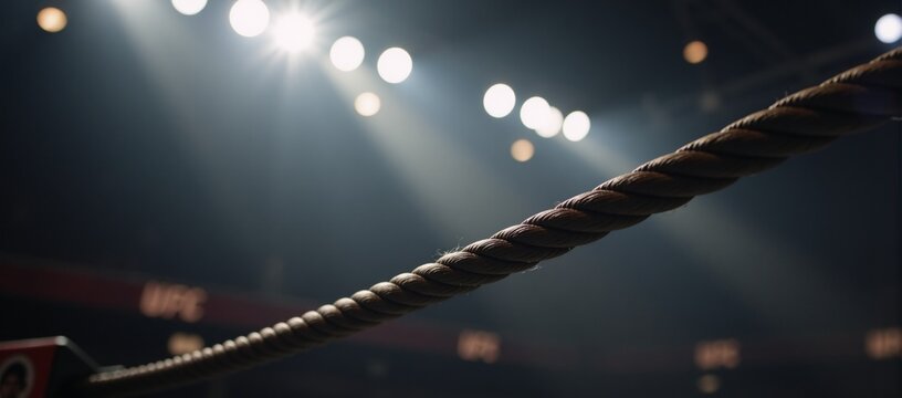 Close-up of a boxing ring with dramatic lighting and steam effects depicting a mock up of a professional sports event in an arena or octagon