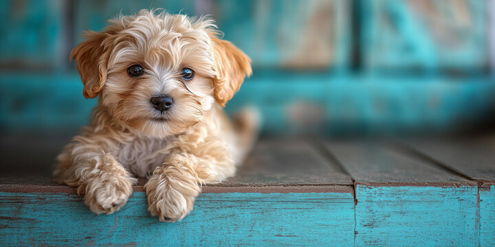 Adorable light brown puppy napping on turquoise wooden steps during national day celebration copy space