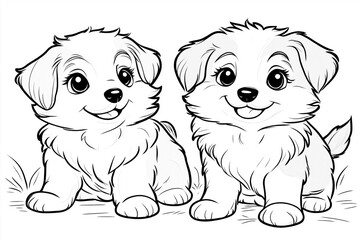 Playful puppies bonding, wagging tails in cheerful coloring page highlighting national puppy day joy for young artists