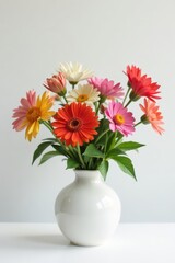 A simple, colorful flower arrangement in a minimalist white vase against a white background , simple, flowers, arrangement