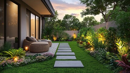 Obraz premium Charming Garden Oasis Featuring Cozy Couch and Elegant Table Surrounded by Lush Greenery and Colorful Flowers Creating a Relaxing Outdoor Retreat Perfect for Leisure and Enjoyment