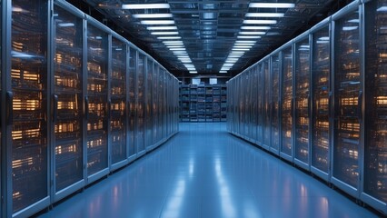 Fototapeta premium A long corridor in a modern data center or library with rows of tall glass-enclosed shelves on either side