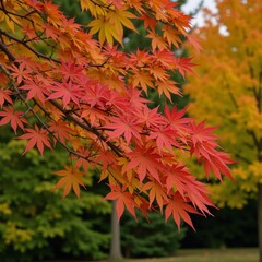 Autumn-themed abstract landscape featuring colorful falling leaves amidst vibrant foliage in a park setting Abstract Background