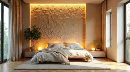 Serene bedroom interior design with warm lighting, textured wall, and plush bedding