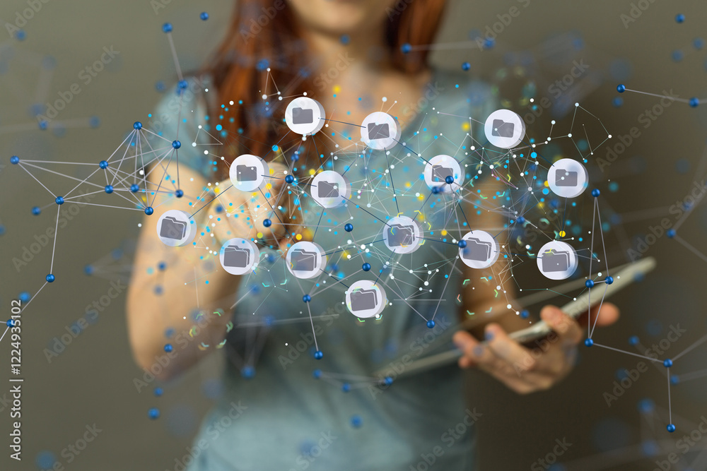 Poster Augmented Analytics Data cloud storage network from lines, triangles and particle style design. Illustration
