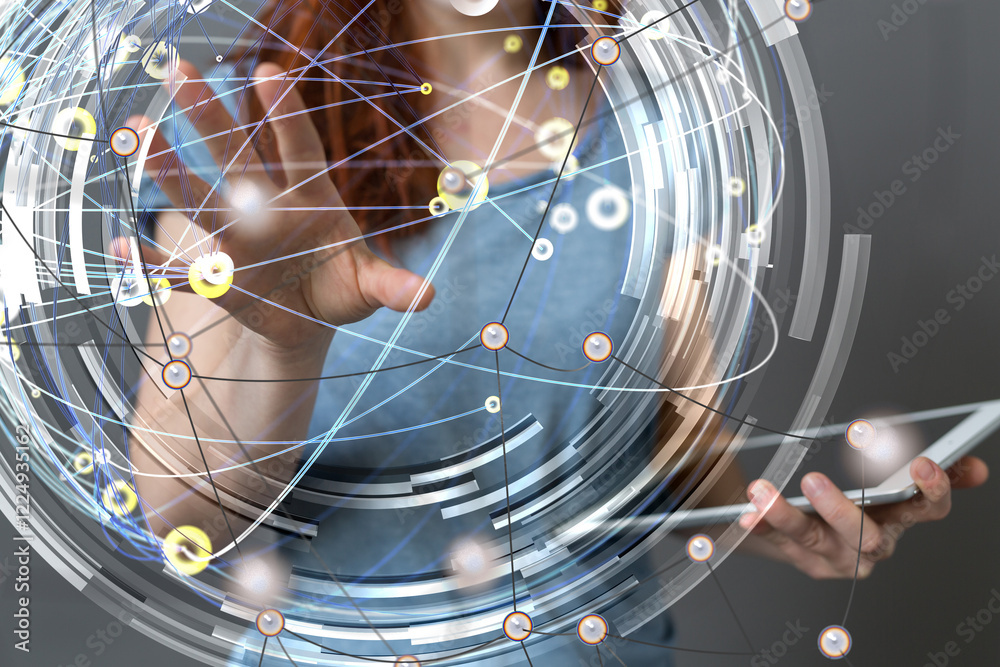 Fototapete Global network. Blockchain. 3D illustration. Neural networks and artificial intelligence. Abstract