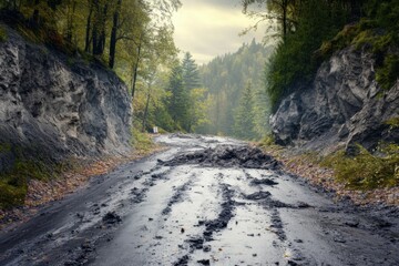 Eroded road in forested area after heavy rain showing mud and rocky terrain at dusk