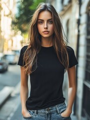 Stylish young woman posing on city street urban setting portrait photography natural lighting fashionable look