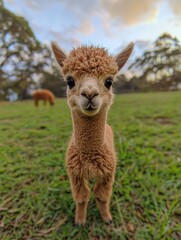 Fototapeta premium Playful alpaca foal green pasture animal photography natural setting close-up view wildlife concept