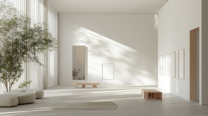 Fototapeta premium An open and airy art gallery mockup featuring empty frames and soft natural lighting