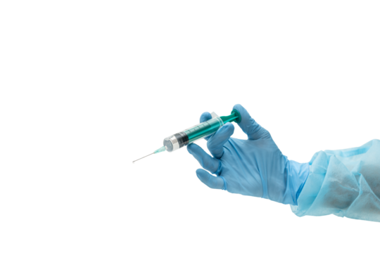 Doctor's Hand in Latex Glove Holding a Syringe at an Angle - Transparent PNG