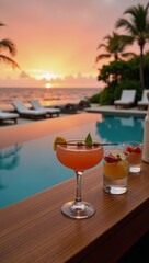 Exotic beach sunset artisanal cocktails served at an infinity pool bar overlooking the ocean and palm silhouette exuding a luxurious resort vibe