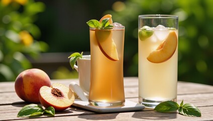 Fototapeta premium Enjoy a vegan summer drink Refreshing Peach-Basil Iced Tea in a sunlit garden