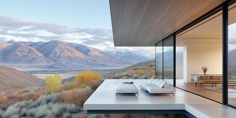 Modern architecture blends with breathtaking mountain views in a serene retreat nestled among nature's beauty. Generative AI