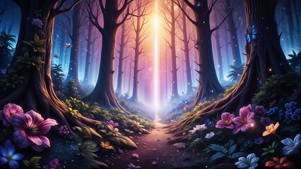 Fototapeta premium A forest with a bright light shining through the trees