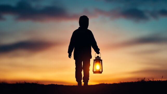 Child Walking Towards Sunset with Lantern - Silhouette of a child carrying a lit lantern walking towards a vibrant sunset.  Hope, journey, adventure.