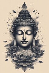 Serene Buddha portrait adorned with blooming flowers.