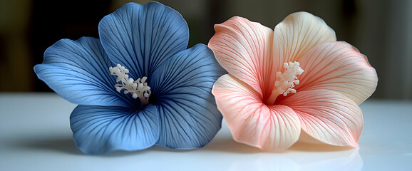Two Hibiscus Flowers: Blue and Pink Petals on White Background