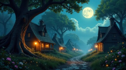 Enchanted Village Path Under a Full Moon's Glow, Illuminated Cottages, Mystical Nighttime Scene