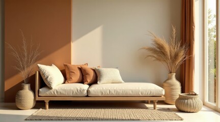 Serene Minimalist Living Room with Neutral Tones and Natural Textures, Featuring a Low Platform Sofa and Woven Accents