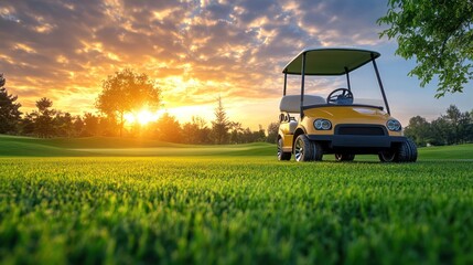 Golf cart on a sunny golf course at sunset.