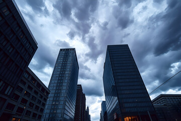 Obraz premium A dramatic cityscape at twilight, with dark, stormy clouds casting dramatic shadows over the tall skyscrapers.. city at night in the background with copy space. cityscape night. cloudy sky city.