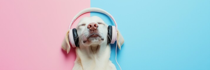 Dog in headphones listening to music. Happy pet. Dog wearing headphones listening to music. dog listening music, while relaxing