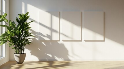 Sunlit Minimalist Interior Design Mockup with Plant and Blank Canvases