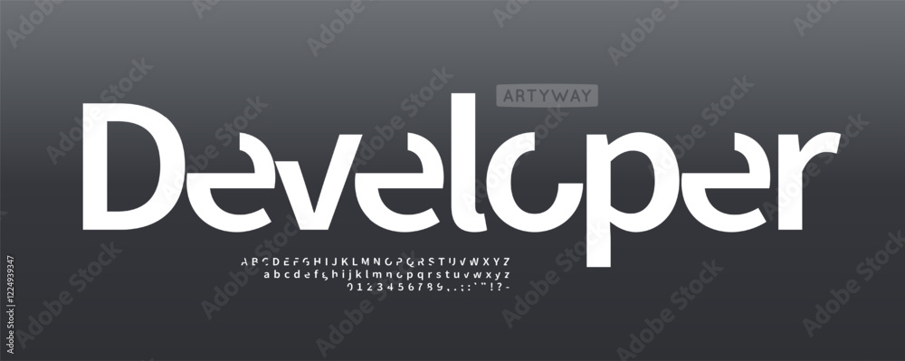 Aufkleber sleek geometric alphabet, futuristic cutout letters, fragmented minimalistic font for innovative dig