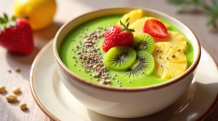 Refreshing Green Smoothie Bowl Topped with Sliced Kiwi, Pineapple, and Strawberries