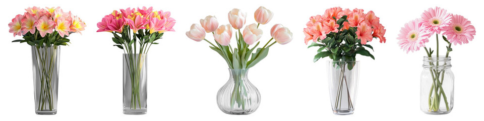 Obraz premium PNG Vibrant floral arrangements in vases, element set on transparent background