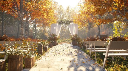 Outdoor Wedding Ceremony in the Autumn Garden with Decorations.