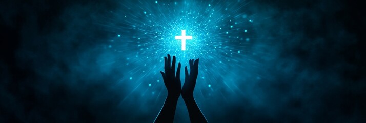 Naklejka premium A Silhouette of Hands Reaching Toward a Glowing Cross - Hope, faith, prayer, spirituality, and divine connection are symbolized in this image of hands reaching towards a glowing cross.