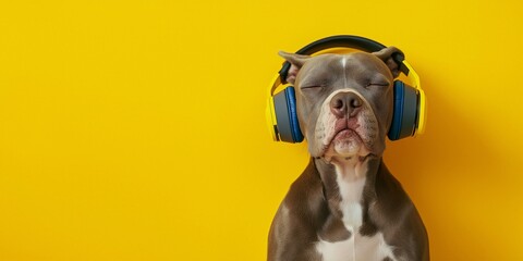 Dog in headphones listening to music. Happy pet. Dog wearing headphones listening to music. dog listening music, while relaxing