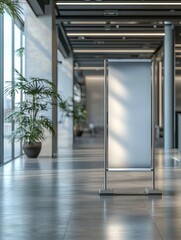 Exhibition setup modern office space sign display indoor environment wide angle corporate presentation