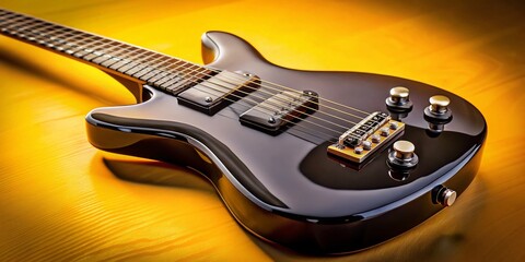 Obraz premium Sleek Black Electric Guitar Macro Photography on Yellow Background - Stock Photo