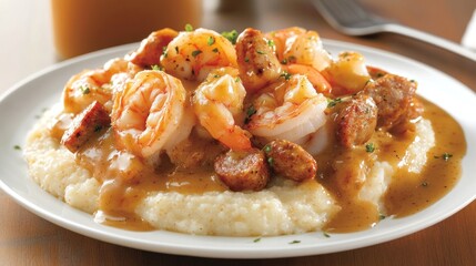 Delicious Shrimp and Sausage Creole Dish over creamy grits, a culinary masterpiece