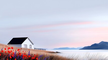Serene Coastal Cottage at Sunset with Vibrant Wildflowers