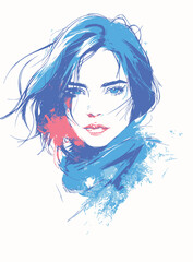 Fototapeta premium Simple Sketch of an Edgy Woman with Blue Hair and Her Face