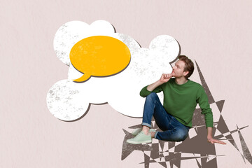 Composite artwork photo collage template sketch of young man sit think mind dream imagination empty speech cloud bubble abstract space